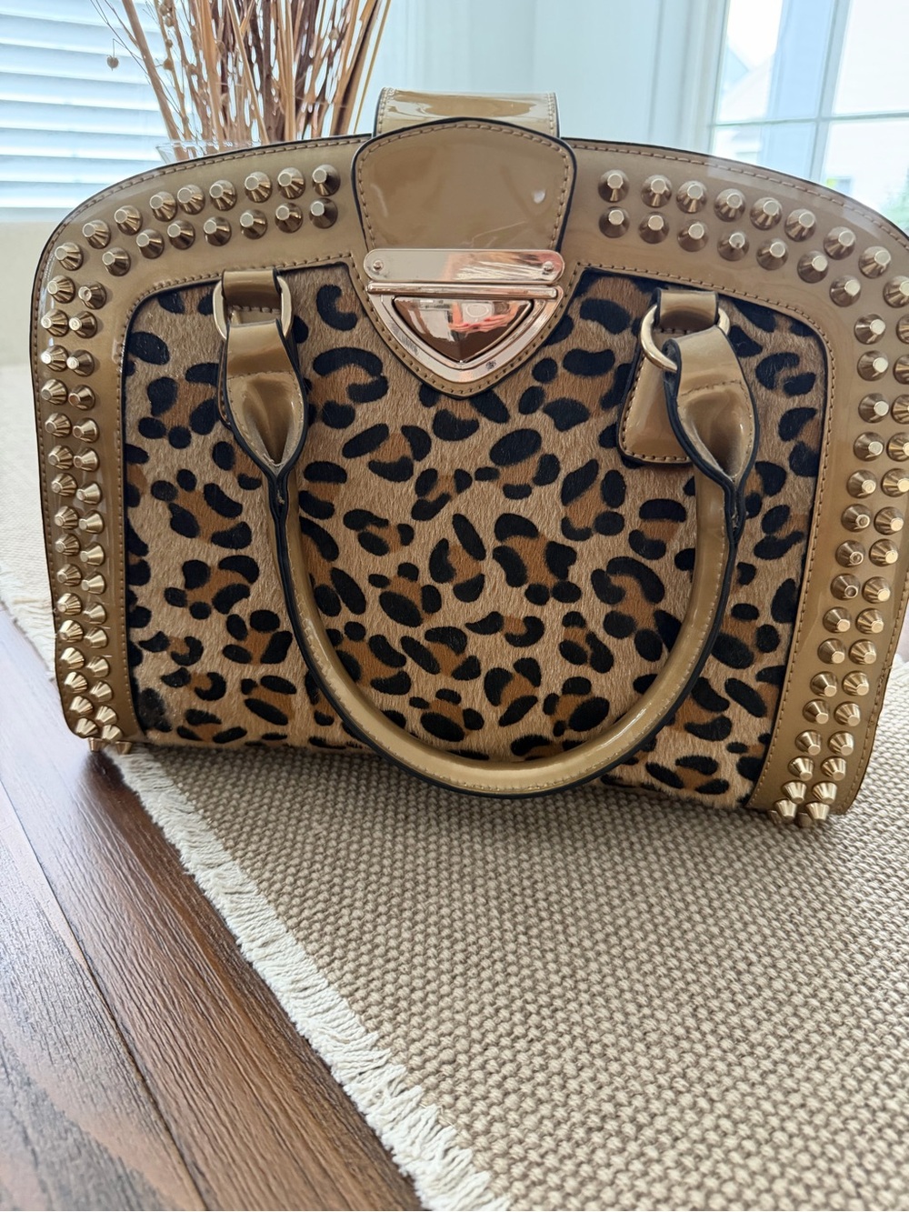 Leopard Print Studded Satchel Handbag - Tan/Black